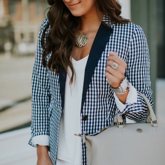 NEW J. CREW Puckered Gingham Blazer Jacket WOMEN'S 8 Navy White Cotton Preppy - Picture 8 of 16